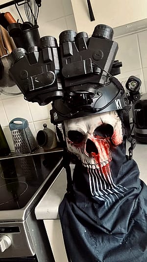 Zombie ghost cosplay - Manny (I’m aware the helmet is currently a Konig one from another cosplay but I don’t have the helmet yet and wanted to showcase the red NVG’s that go with it)'