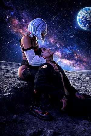 David Martinez and Lucy on the moon; cyberpunk cosplay'